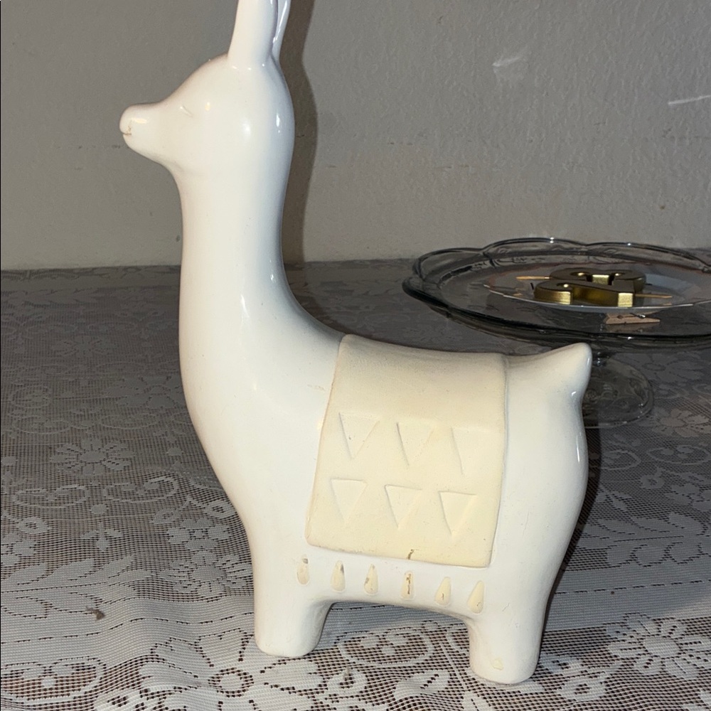 White Ceramic Llama Figurine with Geometric Saddle